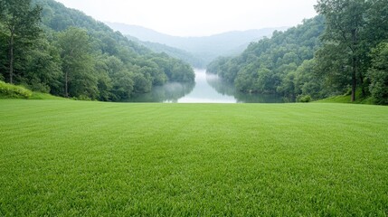 Serene mountain lake view from grassy lawn