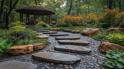 Quiet garden with stone pathways