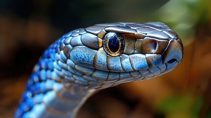 Fototapeta premium Close-up of a vibrant blue snake's head, showcasing its intricate scales and eye, set against a blurred natural background