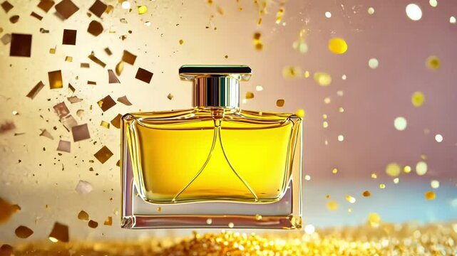 Luxurious perfume bottle with golden liquid surrounded by floating sparkling particles. 4K video