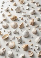 Shell fragments scattered across a soft white background, coastal, peaceful