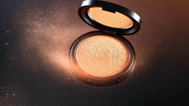 A compact powder case dispersing fine makeup particles in the air, creating a mesmerizing beauty effect with warm lighting. 4K video
