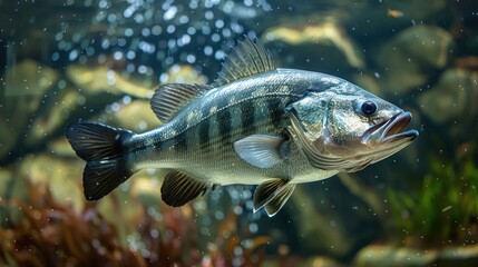 A detailed view of a bass fish swimming gracefully in a vibrant underwater environment
