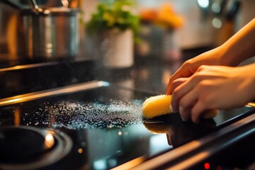 Scrubbing the stovetop to remove stubborn food splatters and grease in a well-lit kitchen