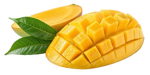 Fototapeta premium A vibrant, ripe yellow mango with a glossy, smooth surface, accompanied by a fresh green leaf, isolated against a png background ideal for food, beverage, or summer-themed designs and promotions.