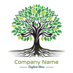 Obraz premium Beautiful green tree silhouette and vector design, minimalist business logo for tree icon on white background.