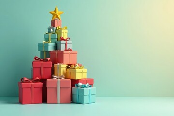 A triangular shape made from stacked colored boxes forms the main part of a whimsical shaped Christmas tree, Gift boxes, gift packing