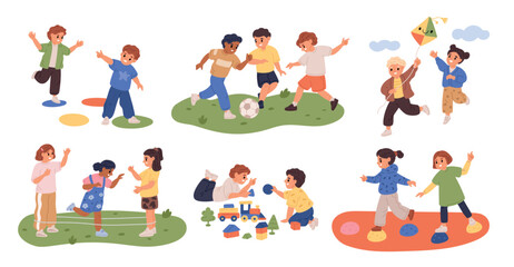 Cute children playing outdoor. Kids group games. Hopscotch and rubber bands. Active boys and girls running together with kite. Little friends. Toy blocks and train. Garish vector set
