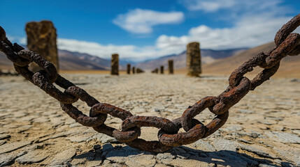 Ancient Chains Lying in a Desolate Landscape Under a Bright Sky with Rocky Pillars