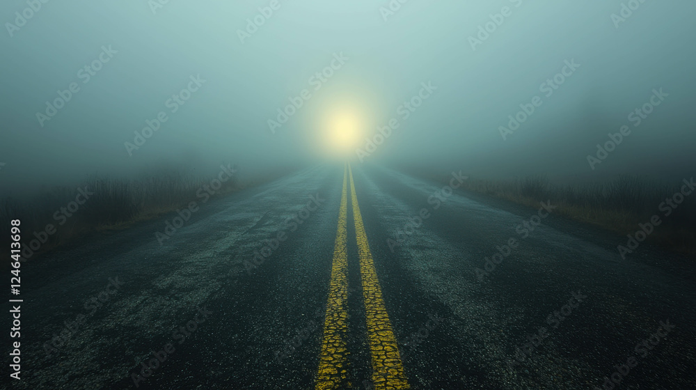 Poster desolate road disappearing into dense fog with illuminating light at the end of the path