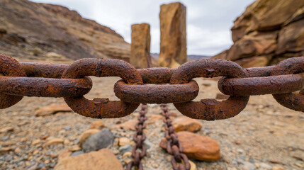 Ancient Chains Resting on a Desolate Landscape with Massive Rock Formations