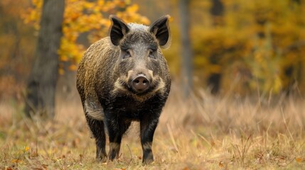 Wild boar standing in a serene autumn forest, surrounded by colorful foliage and grass