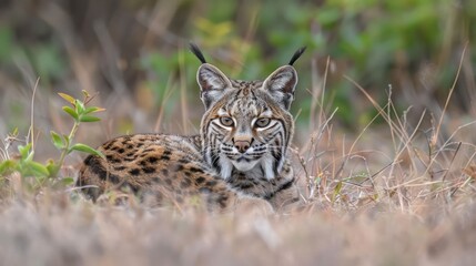 Fototapeta premium A close-up of a lynx resting in a natural habitat surrounded by grass and foliage