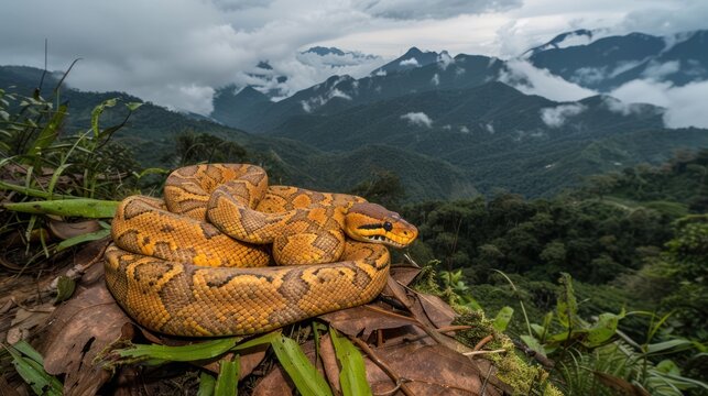 Vibrant yellow python resting on foliage with misty mountains and clouds in the background