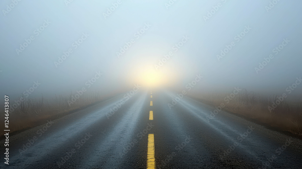 Poster desolate road disappearing into dense fog with soft light illuminating the path ahead