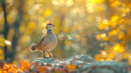 A solitary bird perched on a rock amidst vibrant autumn foliage, capturing a serene moment in nature