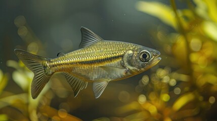 Fototapeta premium Underwater view of a shimmering fish swimming among lush aquatic plants in a serene habitat