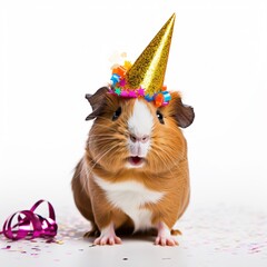 Adorable Guinea Pig Birthday Celebration: Cute Pet in Party Hat Isolated on White Background