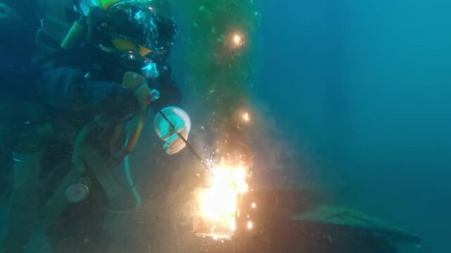 Commercial diver wet welding underwater closeup