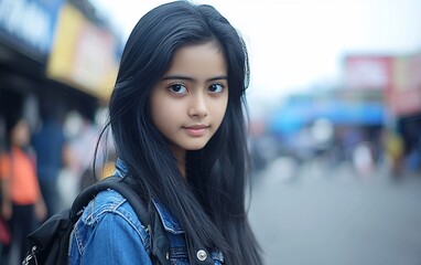 Teen girl, city street, backpack, portrait, Asian, school, travel, day