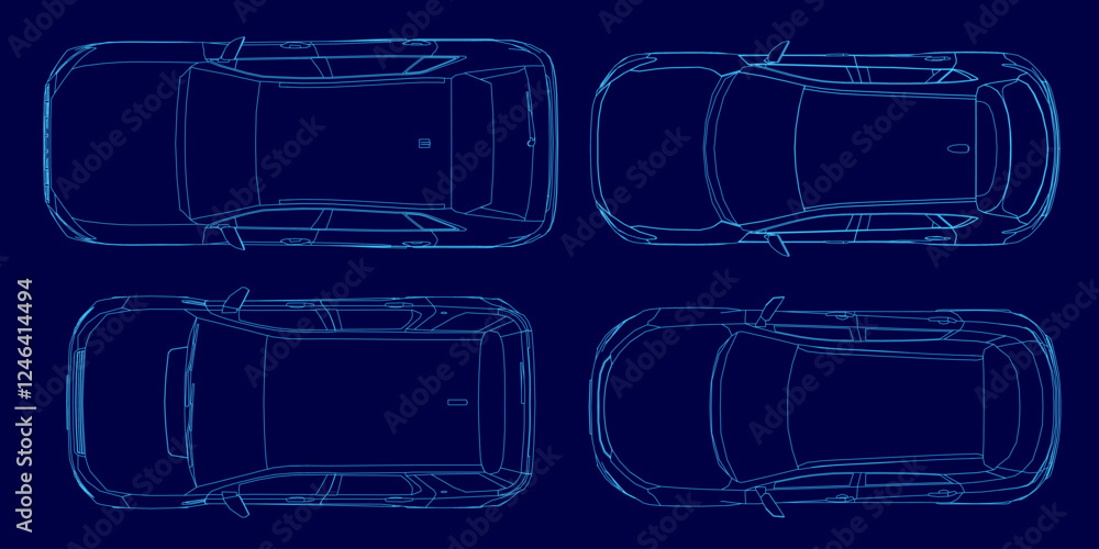 Fototapete four cars are shown in a blue color. the cars are in different positions and sizes. the image has a 
