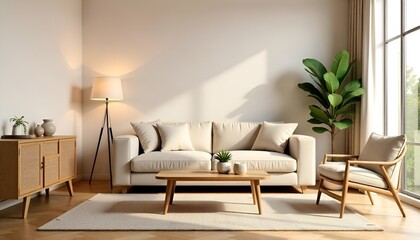 Warm composition of living room interior with beige sofa, wooden coffee table, rattan sideboard, partition wall, lamp, beige carpet, stylish armchair and personal accessories. Home decor. Template