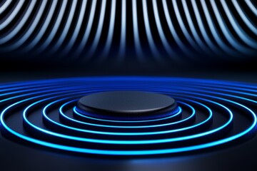 A futuristic composition featuring concentric blue light waves and a central circular element, conveying a sense of depth and technology.