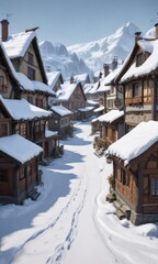 Naklejka premium Snowy village with snow-covered houses and shops, serene scenery, winter landscape