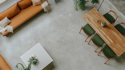 Top view on modern minimalist living and dining area, Scandinavian design in wood and porcelain tiles