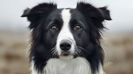 Fototapeta premium A close-up portrait of a black and white dog, showcasing its expressive eyes against a blurred background