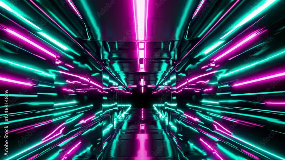 Poster Vibrant neon corridor with colorful lights creating a dynamic visual experience in a tech-inspired space