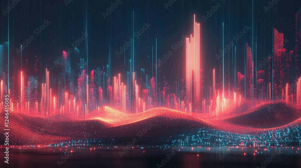 Poster abstract g technology background with a glowing network tower and digital waves.