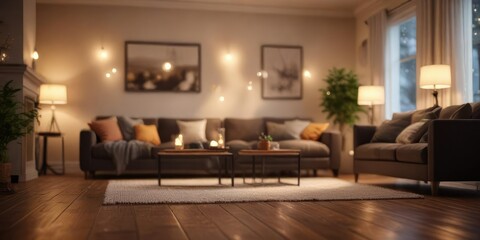 Soft glowing bokeh lights in a cozy living room, comfortable seating, luxurious decor