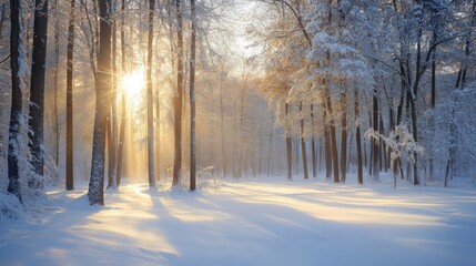 Winter forest, snow-covered trees, soft sunlight, ultra-detailed, 8K, frost, cold season, nature, scenic landscape, white snow, tranquil, frozen, seasonal, atmospheric, icy woods.