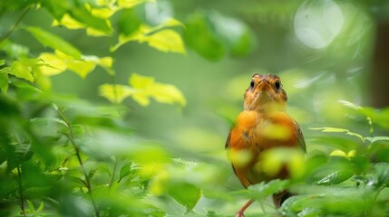 A vibrant orange bird perched among lush green foliage in a serene forest setting