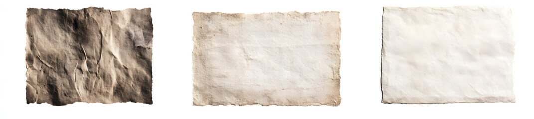 Set of old papers with torn edges, isolated on a white background