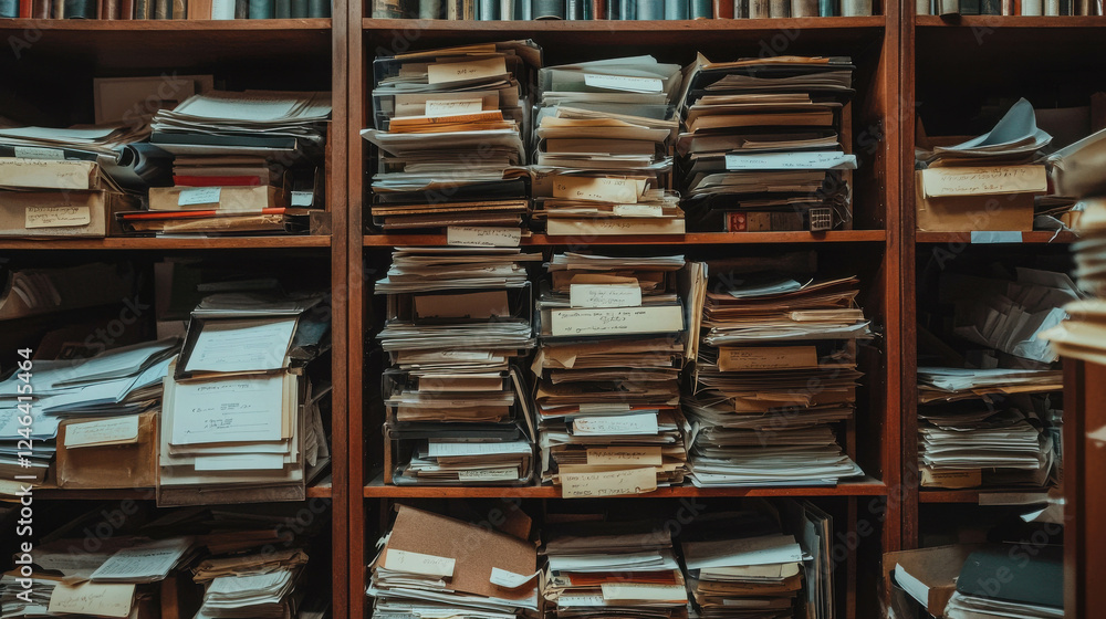 Poster detailed view of shelves stacked with files and documents in a storage area