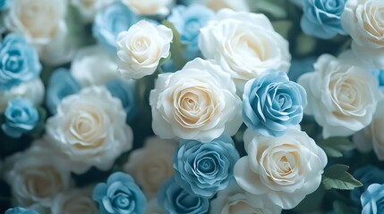 Elegant Close up of Delicate Light Blue and White Roses Bouquet Floral Background Texture