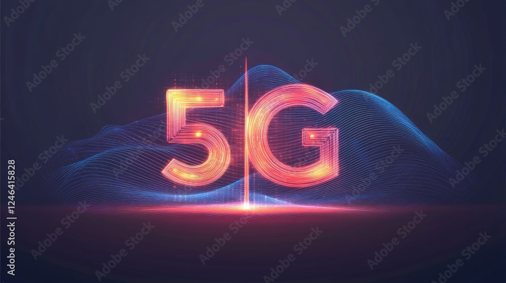 Poster abstract g technology background with a glowing network tower and digital waves.