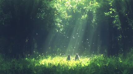 Obraz premium Sunlit Forest Sanctuary Two Cats in Peaceful Glade