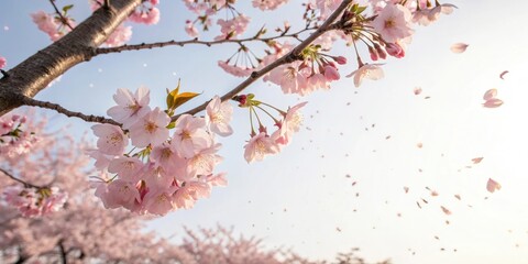 Soft pink sakura petals falling gently from a blooming cherry blossom tree in the spring sunlight, peaceful moment, blossoming flowers