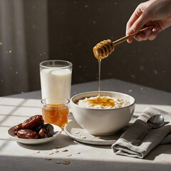 Healthy breakfast with oatmeal, dates, and honey for Ramadan