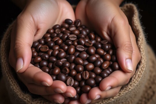 two hands cradling coffee beans in burlap sack wrinkled hands