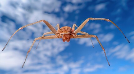 A close-up view of a spider against a blue sky with fluffy clouds, showcasing its intricate details