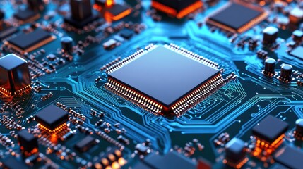 Obraz premium Abstract AI-powered computer concept with a glowing neural network overlay.