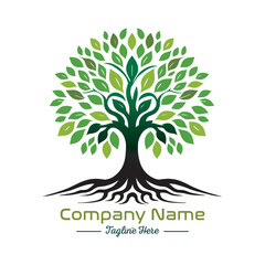 Obraz premium Beautiful green tree silhouette and vector design, minimalist business logo for tree icon on white background.