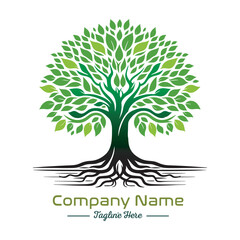 Obraz premium Beautiful green tree silhouette and vector design, minimalist business logo for tree icon on white background.