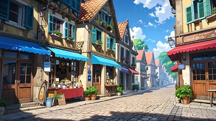 Fototapeta premium A charming street scene with quaint shops, cobblestone road, and a clear blue sky, evoking a serene and picturesque atmosphere