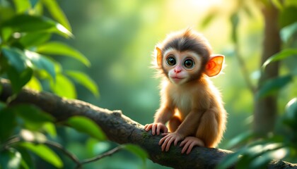 Fototapeta premium Adorable Baby Monkey in Lush Green Jungle