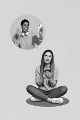 Creative photo collage of two young friends women online video calling talking conversation...